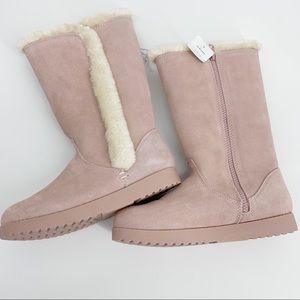 Blush pink suede boots furry universal thread